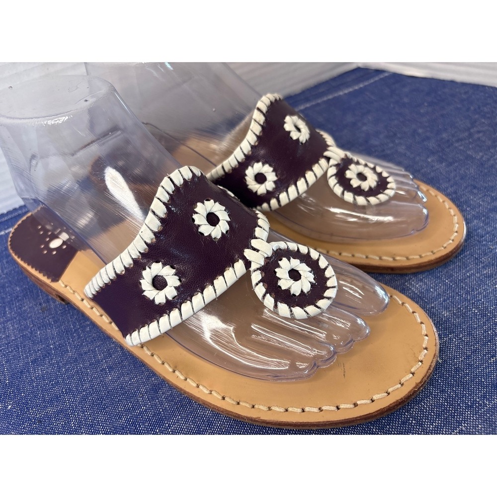 Jack Rogers Women's 8 Flat Sandals Purple White Leather Whipstitch Rondelle